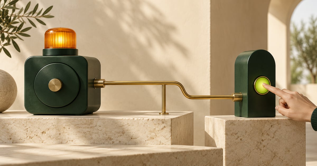 A forest-green monitoring instrument with an amber signal light and a brass connection to a separate receiver with a lime-green indicator.