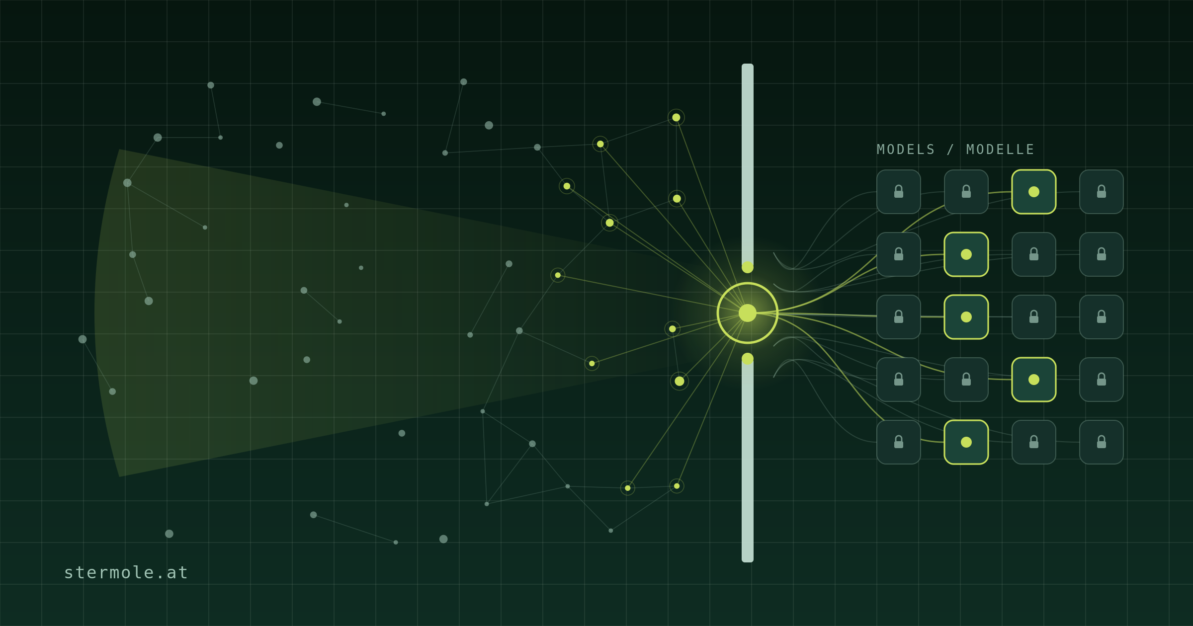 Concept graphic: many AI models (right, mostly locked) pass through a single controlled access point; only some reach the broad field of companies and society (left).