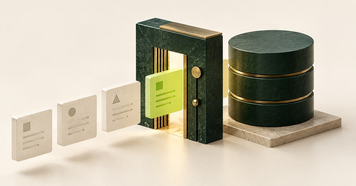 Editorial illustration in ivory and forest green: a lime data card passes through a narrow gateway in front of a database stack.