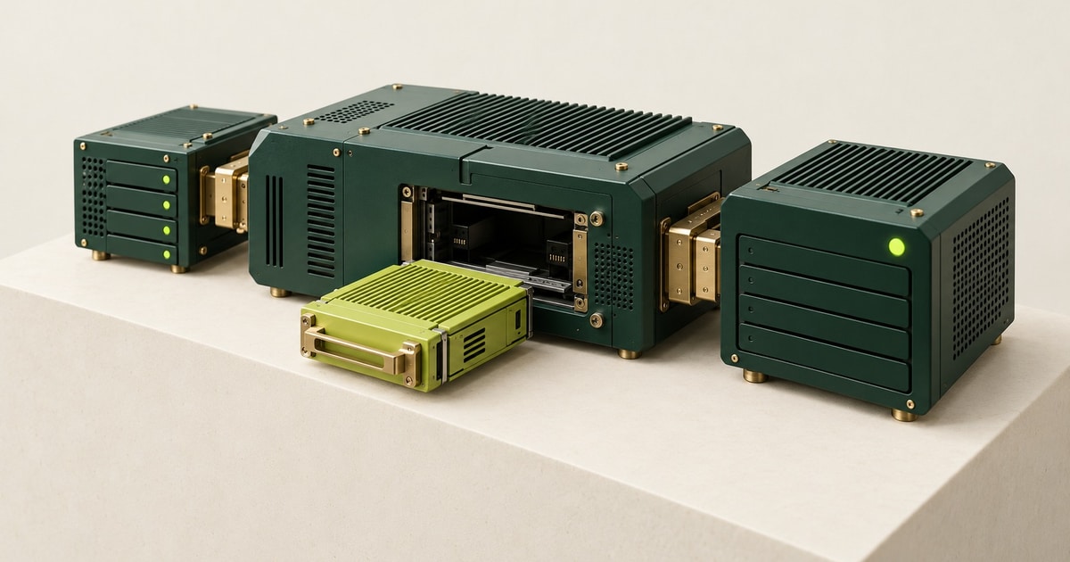 Three forest-green technical modules with a replaceable lime-green cartridge in front of the central module.