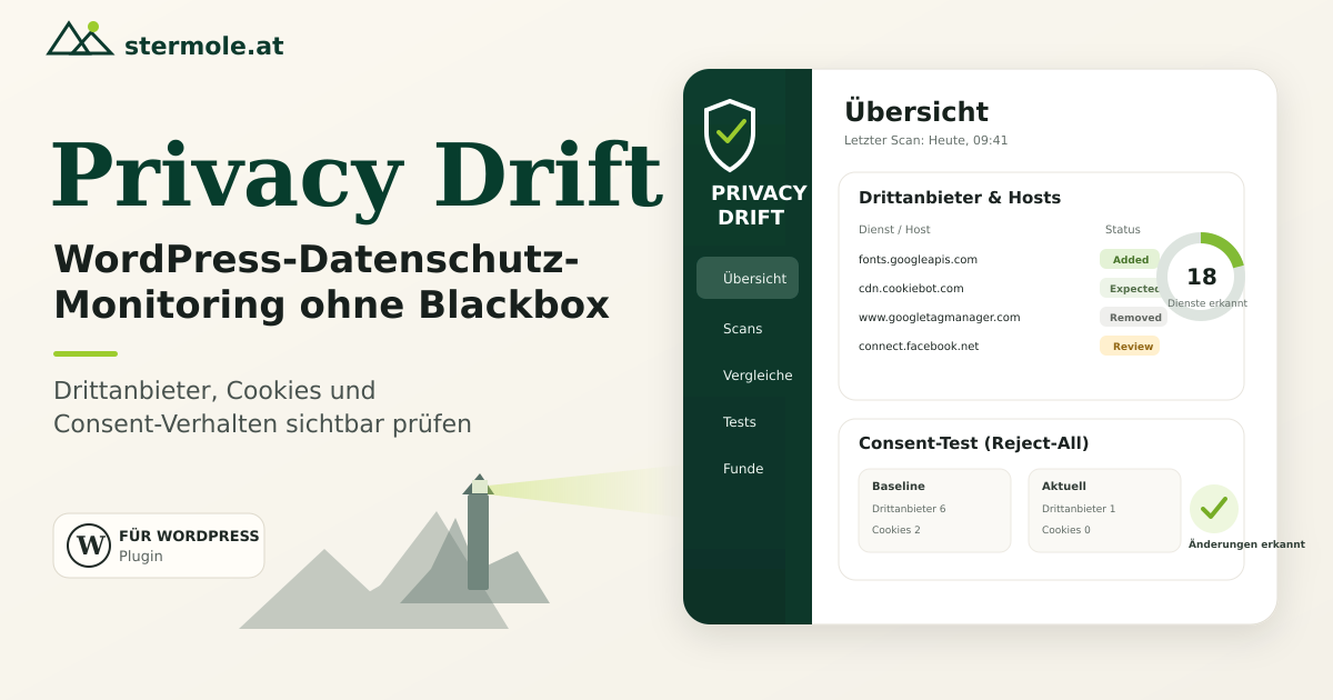 Privacy Drift für WordPress: Datenschutz-Monitoring ohne Blackbox mit Drittanbieter- und Consent-Übersicht.