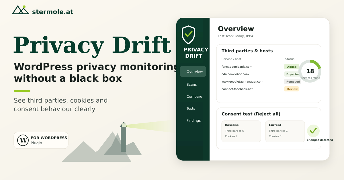 Privacy Drift for WordPress: privacy monitoring without a black box, with third-party and consent overview.