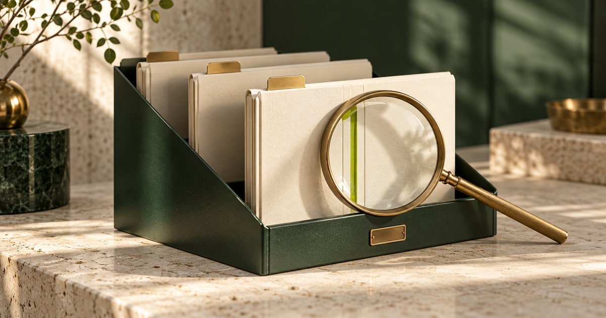 Forest-green archive holder with three ivory document folders; a pulled-forward folder is highlighted by a brass magnifying glass.