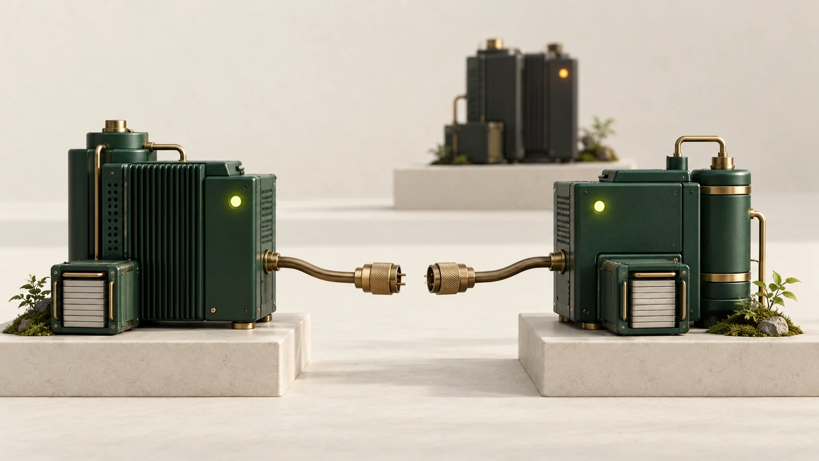 Two forest-green stations show active indicators despite a disconnected brass link between them.